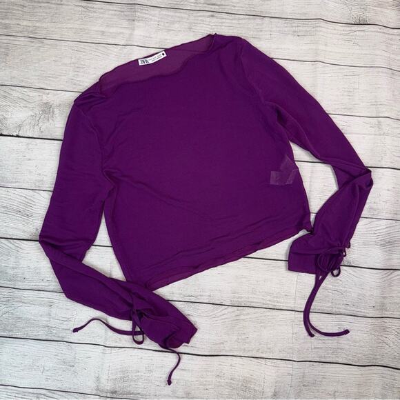 Zara Purple Long Sleeve Boat Neck Semi Sheer Crop Top with Stretch Size Small - Picture 1 of 6